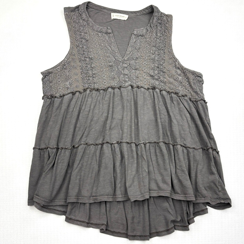 Lucky Brand Tank Top Womens Small Gray Lace Embroidered Tiered Babydoll Boho Top